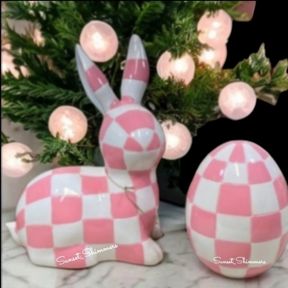 2pc Pink White MacKenzie Style Courtly Check Easter Bunny Rabbit & Egg Decor Set